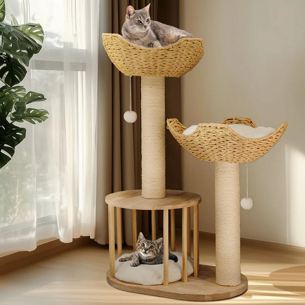 🐾 Arbre à chat design naturel - 3 niveaux, paniers & niche