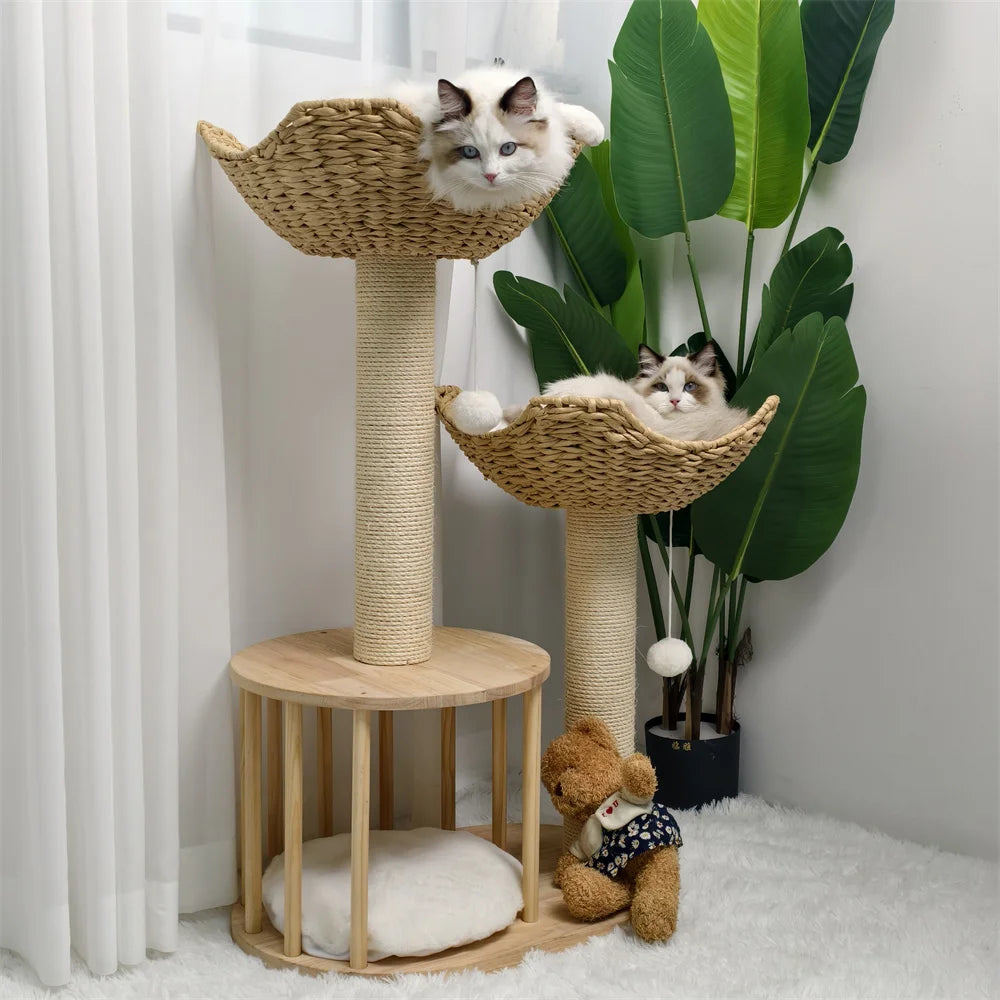 🐾 Arbre à chat design naturel - 3 niveaux, paniers & niche