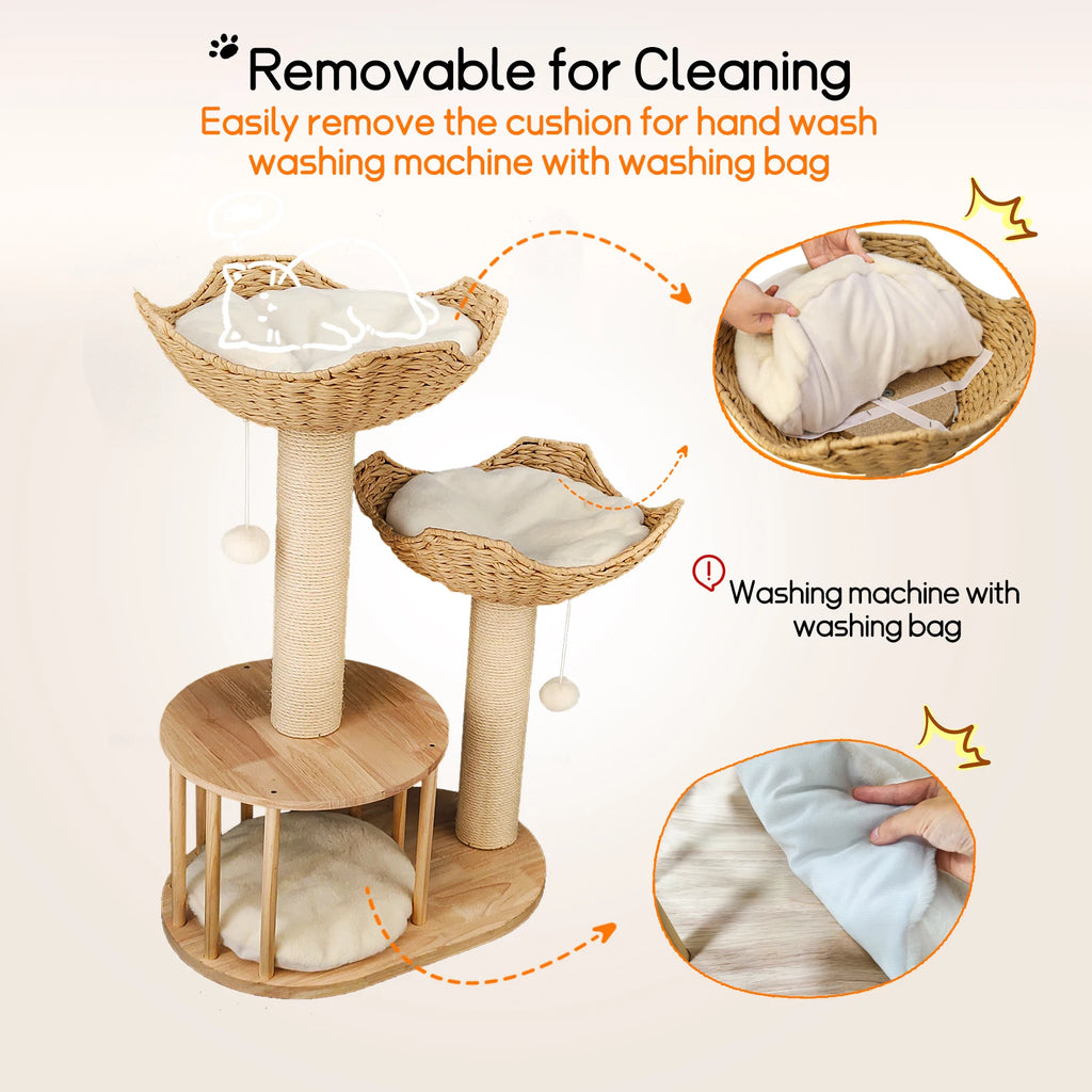 🐾 Arbre à chat design naturel - 3 niveaux, paniers & niche