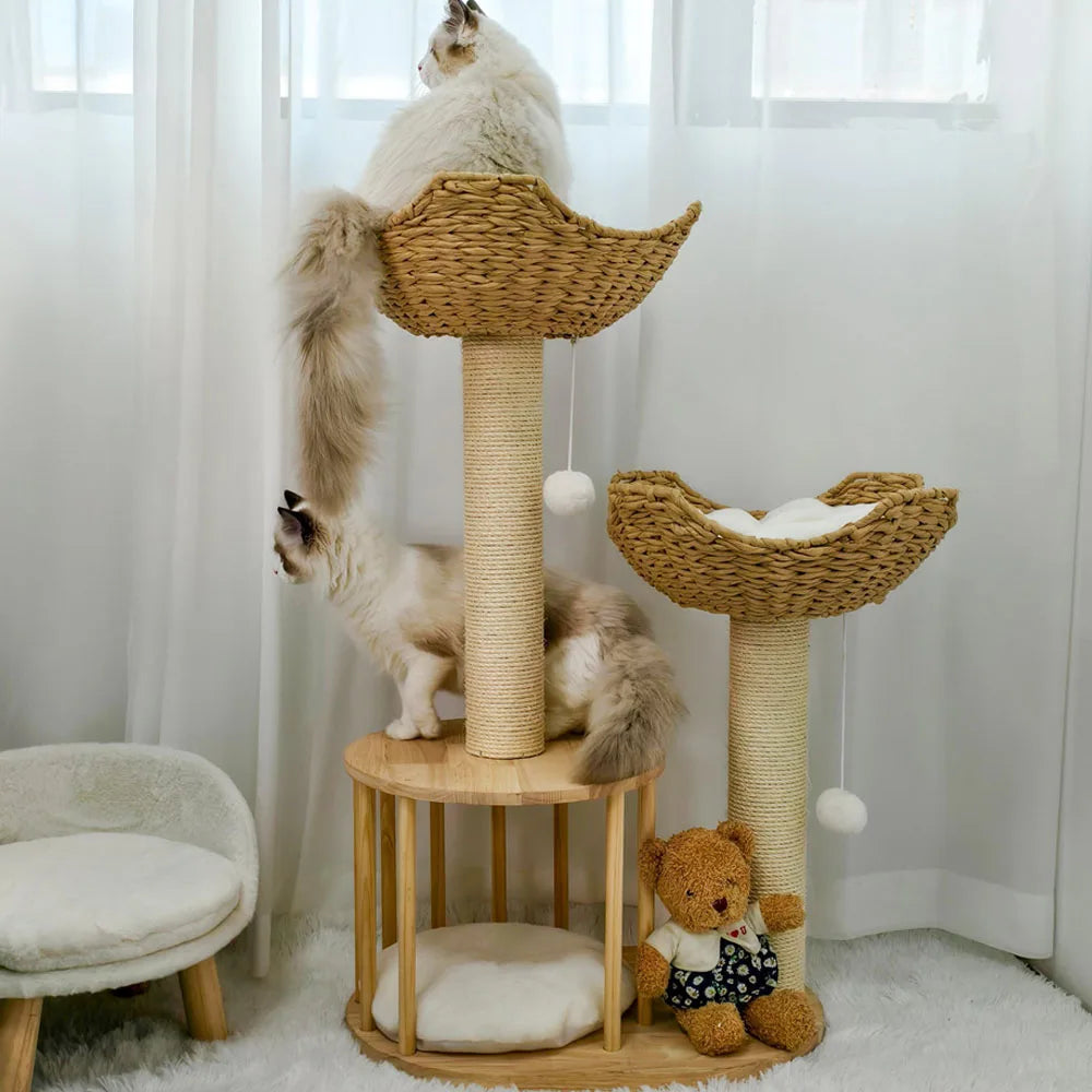 🐾 Arbre à chat design naturel - 3 niveaux, paniers & niche