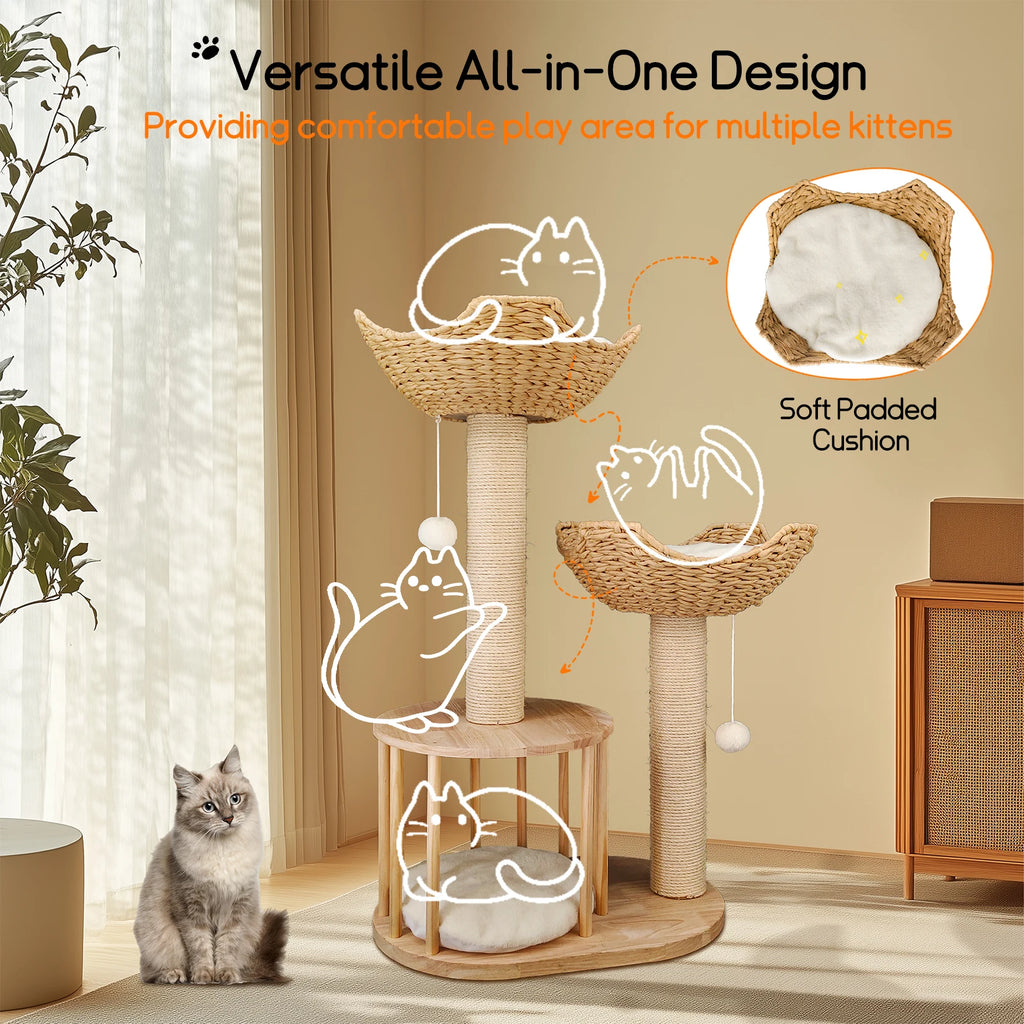 🐾 Arbre à chat design naturel - 3 niveaux, paniers & niche