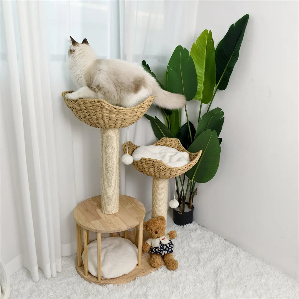 🐾 Arbre à chat design naturel - 3 niveaux, paniers & niche